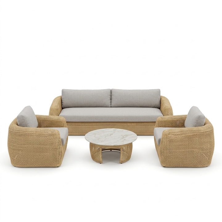 Juego De Terraza Color (Gris): Sofá + 2 Sillones + Mesa De Centro Tejido De Mimbre Y Estructura De Aluminio