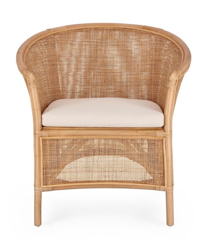 Sillón Tejido De Mimbre Con Cojín (Beige) Estructura De Madera