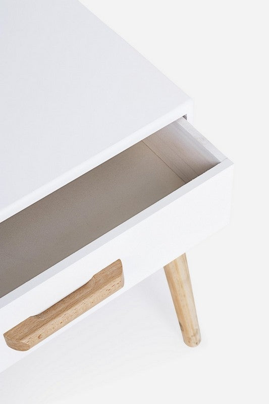 Mesa De Noche 1 Cajón (Blanco) Patas De Madera