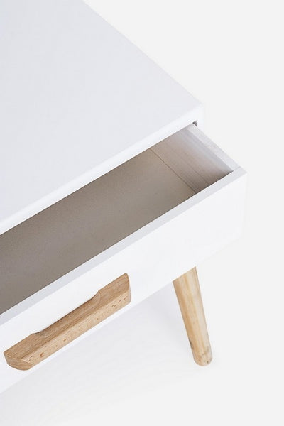 Mesa De Noche 1 Cajón (Blanco) Patas De Madera