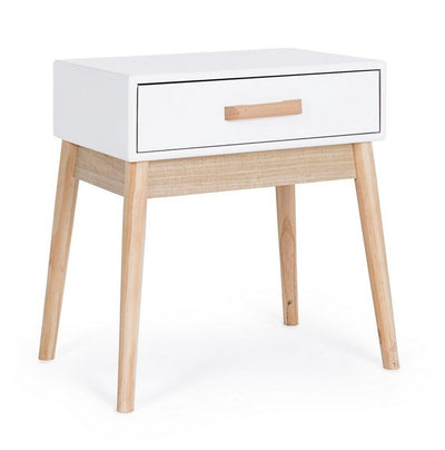 Mesa De Noche 1 Cajón (Blanco) Patas De Madera
