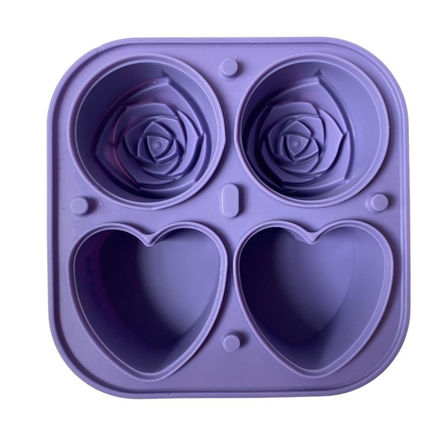 Cubeta de Hielos 4 Cavidades Diseño 2 Rosas + 2 Corazones Morado Claro de Silicona