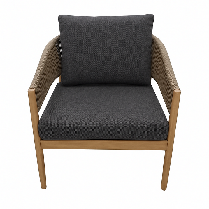 Juego De Terraza (Gris Oscuro): Sofá + 2 Sillones + 2 Mesas De Centro Con Estructura De Madera