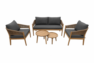 Juego De Terraza (Gris Oscuro): Sofá + 2 Sillones + 2 Mesas De Centro Con Estructura De Madera