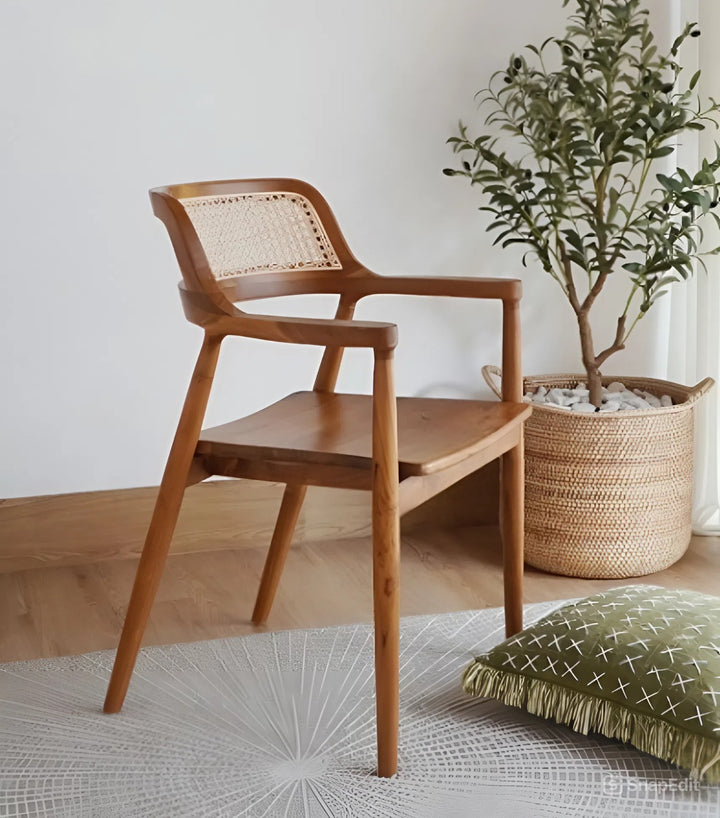 Silla De Comedor Espaldar Tejido De Ratán Estructura De Madera - Acabado Rústico