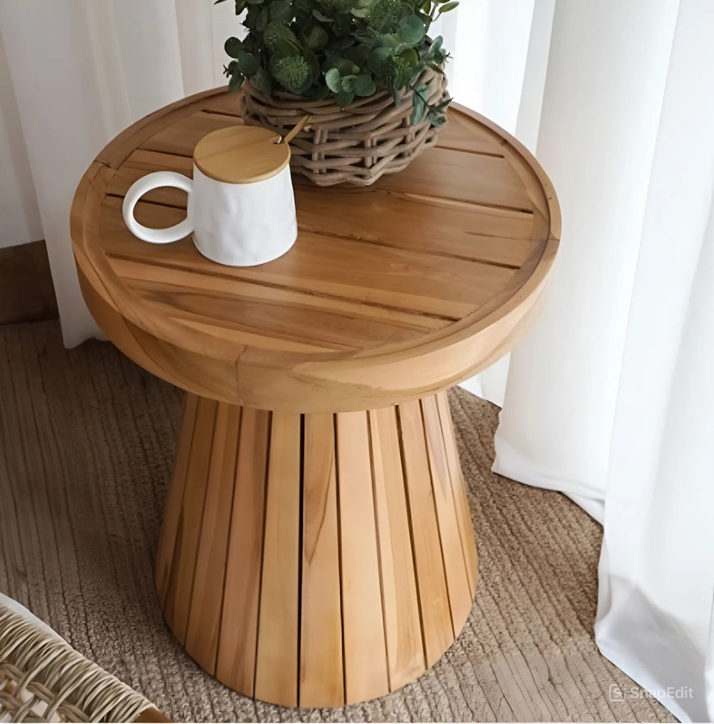 Mesa Lateral Redonda Color Natural Estructura De Madera - Acabado Rústico