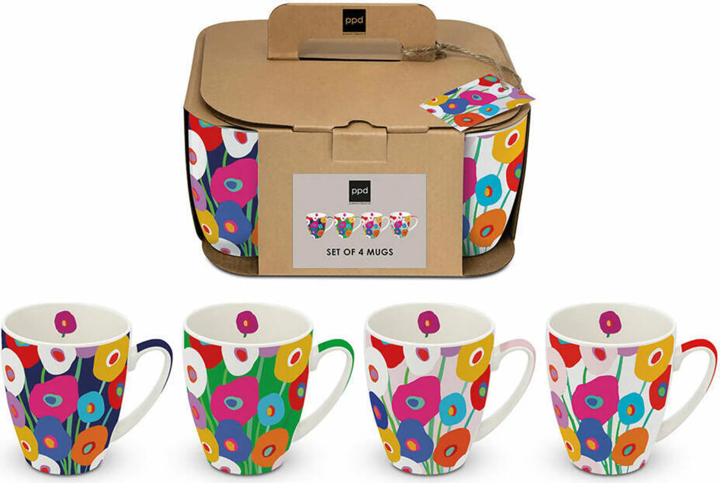Set X 4 Tazas (Colores) Con Asas (350 Mltrs) De Porcelana