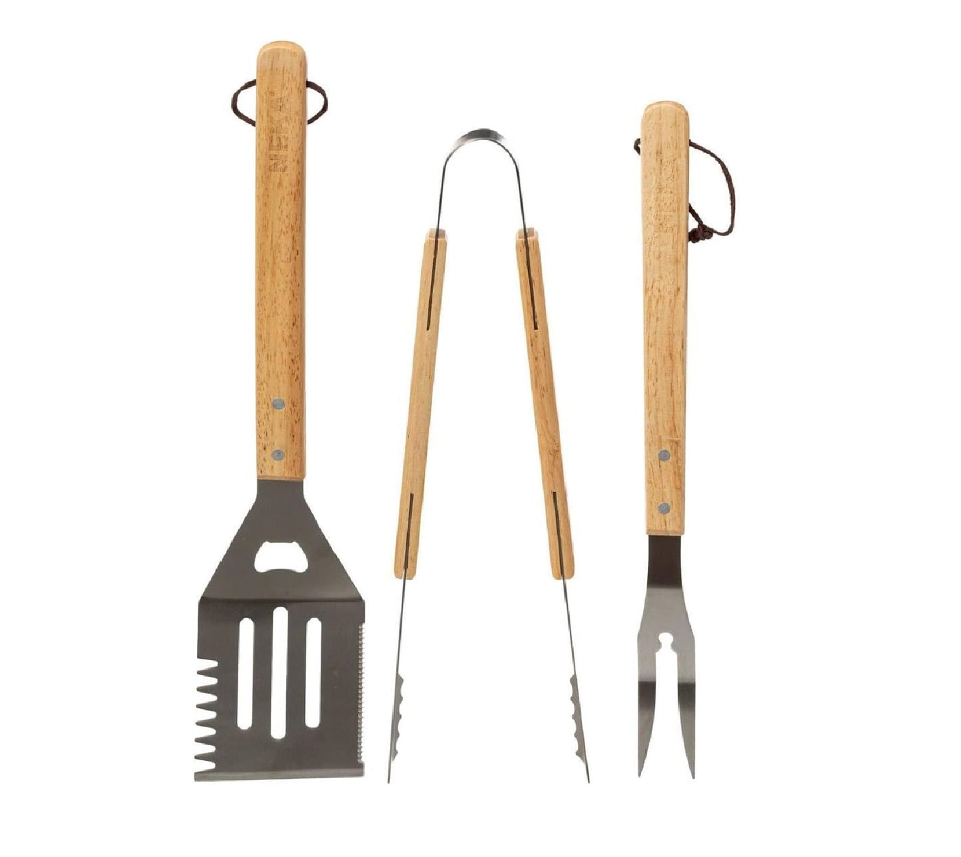 Set de 3 Utensilios (Espátula, Pinzas, Tenedor) Para Parrilla Mango De Madera De Acero