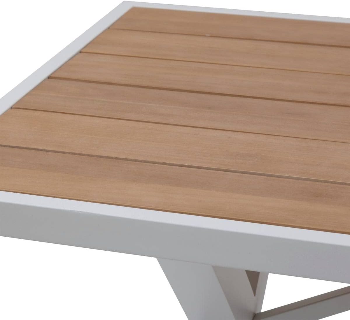 Mesa De Comedor Rectangular Top Madera Acacia Estructura (Blanco Humo) De Aluminio