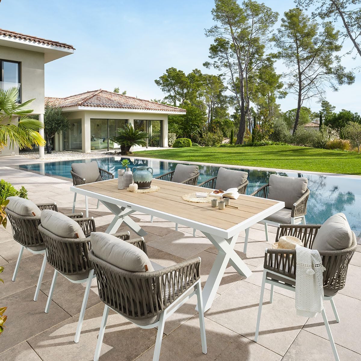 Mesa De Comedor Rectangular Top Madera Acacia Estructura (Blanco Humo) De Aluminio