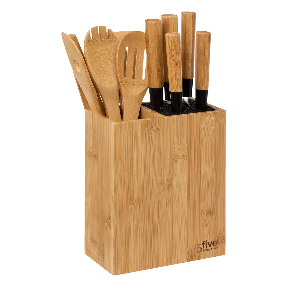 Organizador (Natural) + 5 Utensilios + Set De 5 Cuchillos De Acero