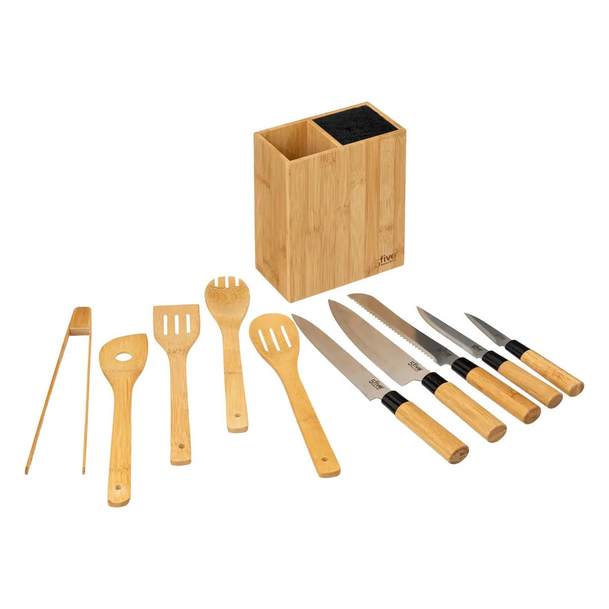 Organizador (Natural) + 5 Utensilios + Set De 5 Cuchillos De Acero