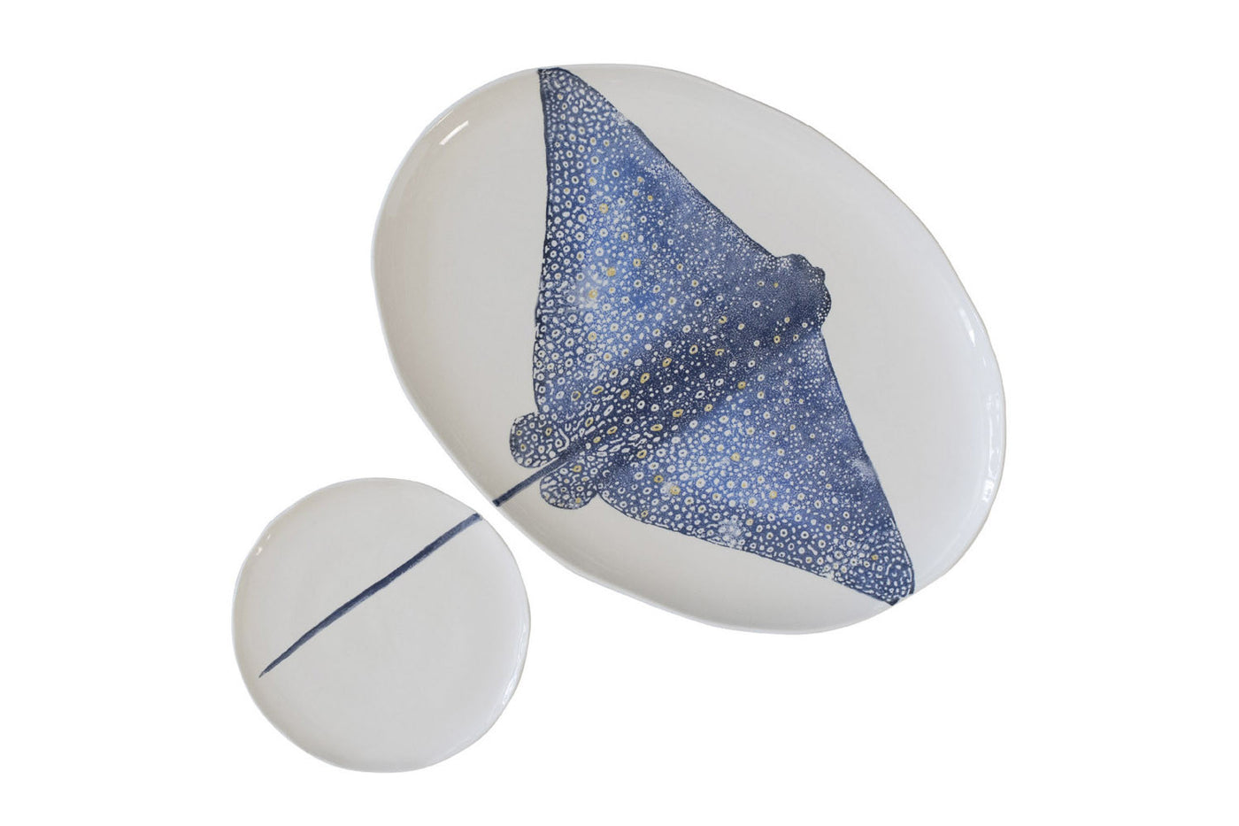 Set Bandeja Ovalada + Plato (Raya Azul) De Cerámica