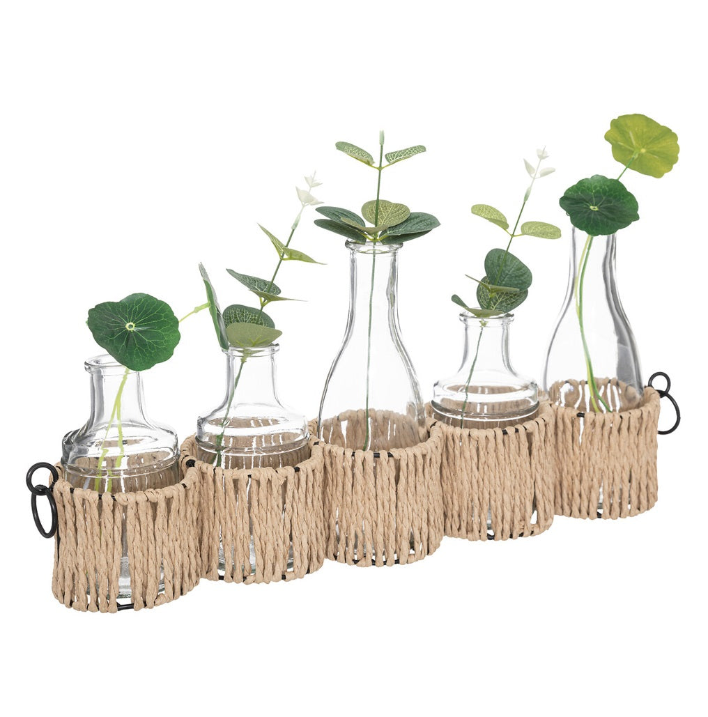 Set De 5 Floreros Decorativos De Vidrio Y Follaje De Plástico