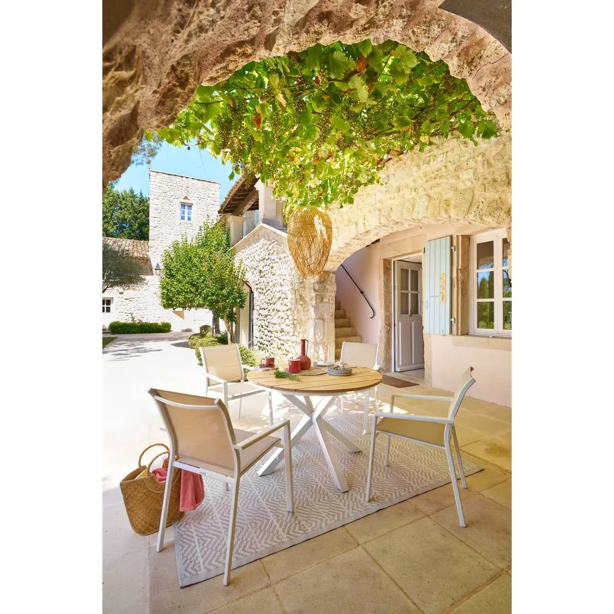 Mesa Comedor Top Madera Acacia (Blanco) Estructura De Aluminio