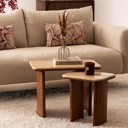 Set De 2 Mesas Auxiliares Tablero De Travertino Estructura De Madera