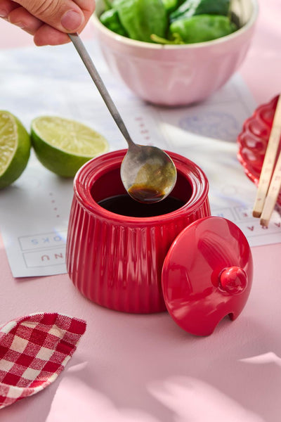 Azucarero Redondo (Rojo) Estriado De Cerámica