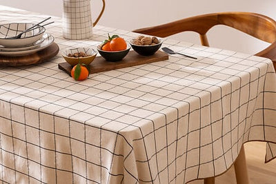 Mantel Para Mesa Rectangular (Beige) Diseño Líneas Cuadriculadas De Algodón
