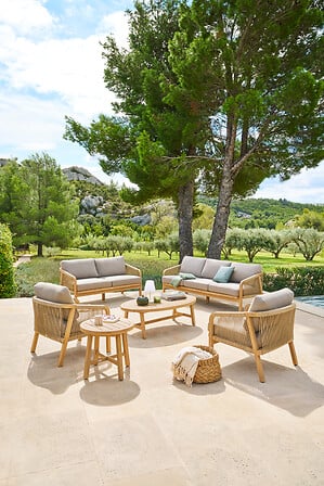 Juego De Terraza (Beige): Sofá + 2 Sillones + Mesa De Centro Estructura De Madera