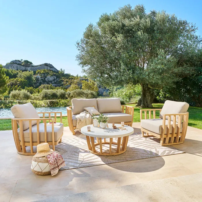 Juego De Terraza Color (Beige): Sofa + 2 Sillones + Mesa De Centro Estructura De Madera