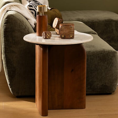Mesa Auxiliar Tablero De Mármol Blanco Estructura De Madera