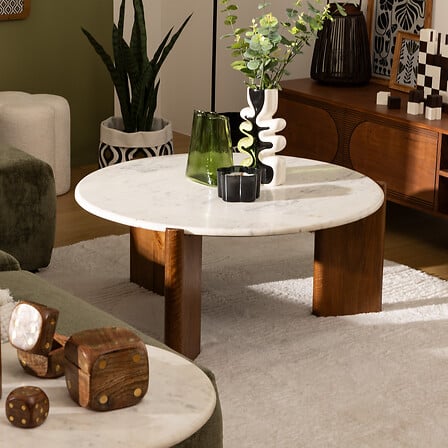 Mesa De Centro Tablero De Mármol Blanco Estructura De Madera