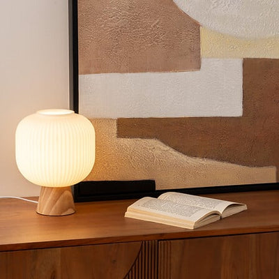 Lámpara De Mesa Pantalla De Vidrio Y Base (Natural) De Madera