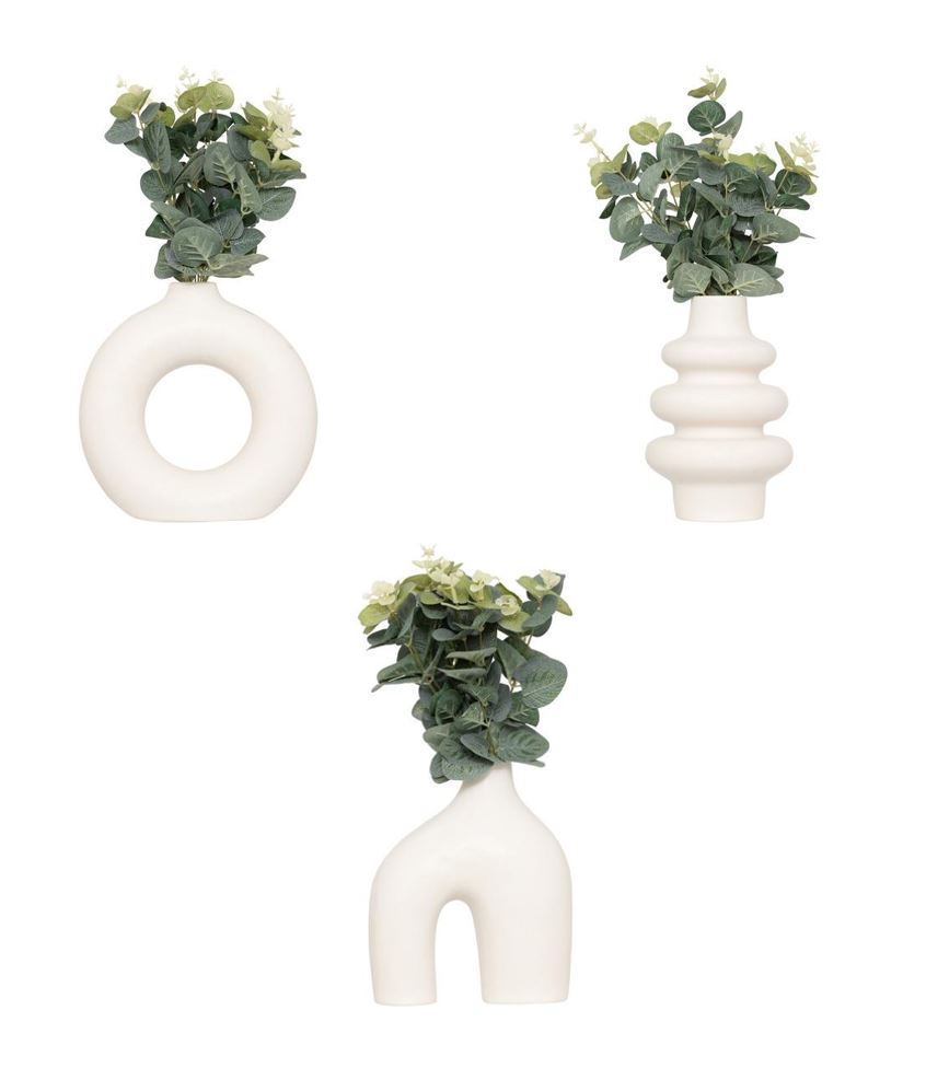 Maceta De Cerámica Diseño (Varios) Con Planta Artificial "Eucalipto" De Pvc