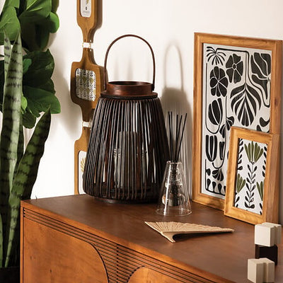 Linterna Decorativa (Marrón) Con Porta Vela De Vidrio