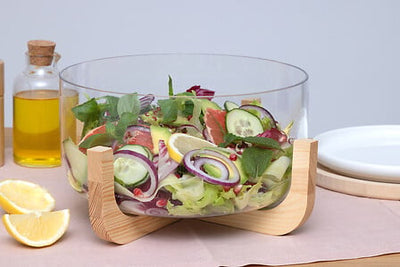 Ensaladera Con Base De Madera Y Bandeja (Transparente)  De Vidrio