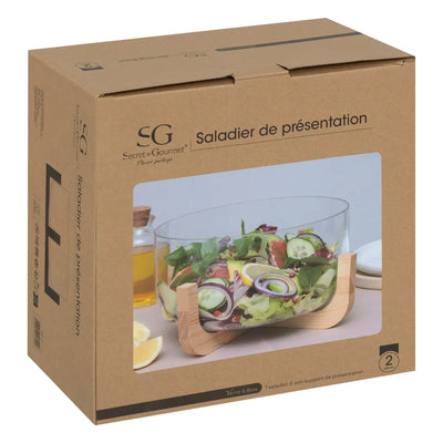 Ensaladera Con Base De Madera Y Bandeja (Transparente)  De Vidrio