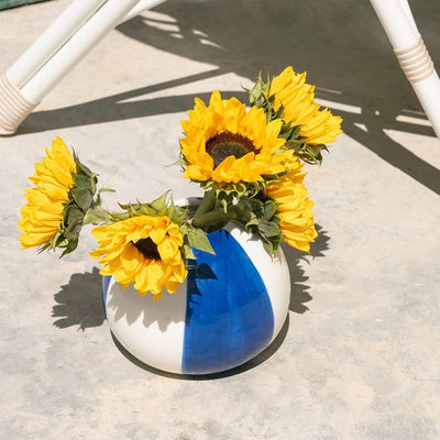 Maceta Decorativa Redonda (Blanco Y Azúl) De Cerámica