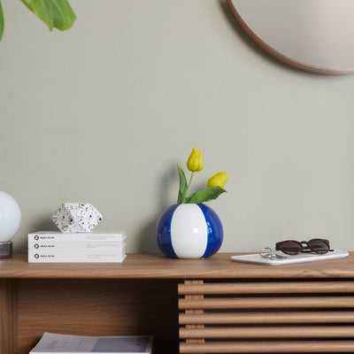 Maceta Decorativa Redonda (Blanco Y Azúl) De Cerámica