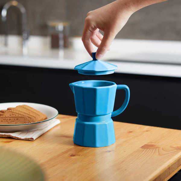 Mug (Azúl) Con Asas Y Tapa Modelo Cafetera De Cerámica