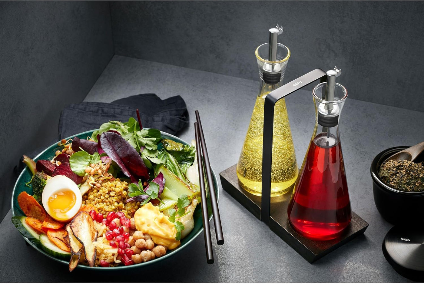 Set De Vinagrera Y Aceitera Base Madera De Vidrio