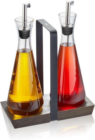 Set De Vinagrera Y Aceitera Base Madera De Vidrio