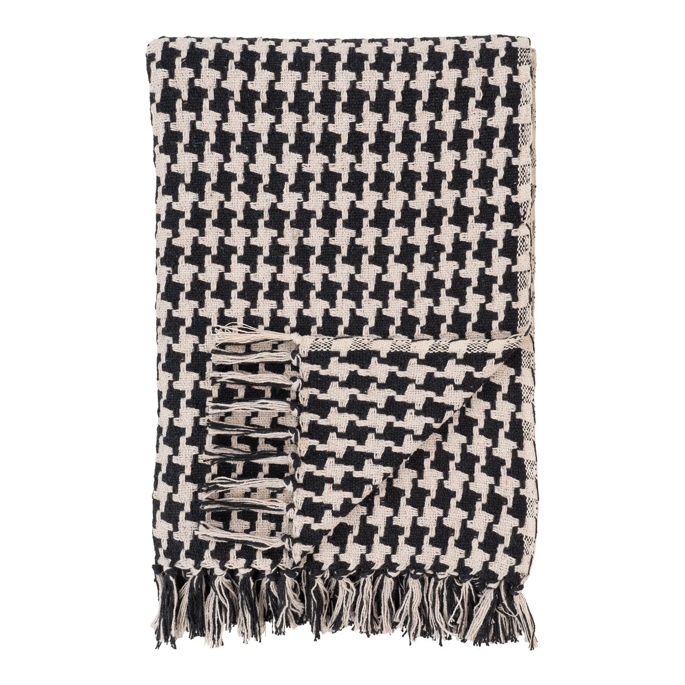 Manta Rectangular (Cuadros Negros) Con Flecos De Algodón