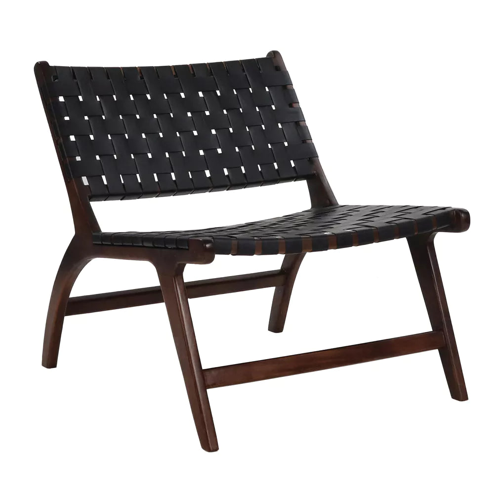 Sillón 1 Cp Asiento Cuero Negro Estructura (Acacia) De Madera