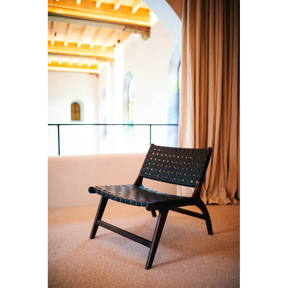 Sillón 1 Cp Asiento Cuero Negro Estructura (Acacia) De Madera