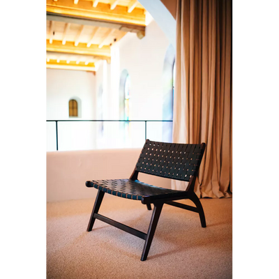 Sillón 1 Cp Asiento Cuero Negro Estructura (Acacia) De Madera