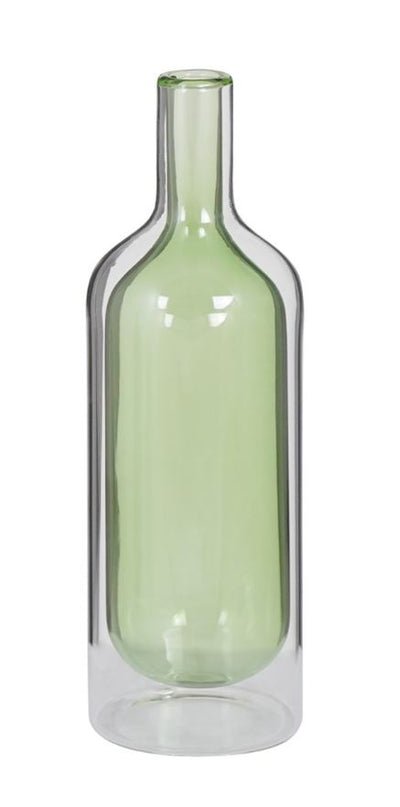 Florero (Verde) Modelo Botella Doble Fondo 28 Cm De Vidrio