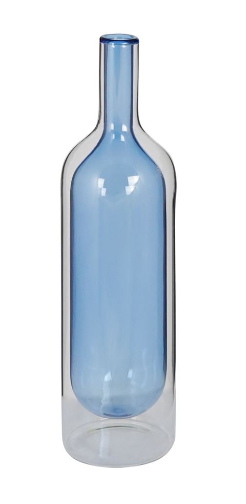 Florero (Celeste) Modelo Botella Doble Fondo 33 Cm De Vidrio