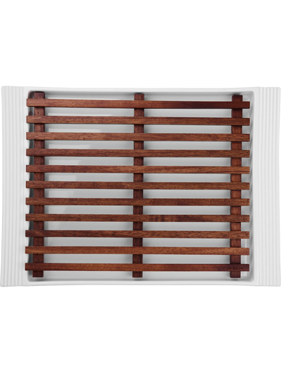 Bandeja Rectangular Con Rejilla De Madera (Blanco) De Cerámica