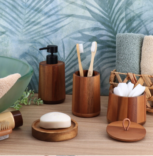 Vaso (Acacia) Para Cepillos De Dientes De Madera