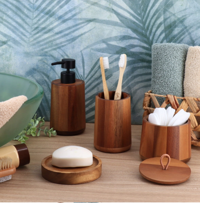 Vaso (Acacia) Para Cepillos De Dientes De Madera