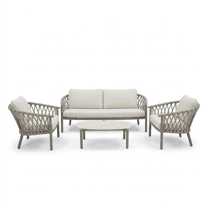 Juego De Terraza Color (Marrón Claro): Sofá + 2 Sillones + Mesa De Centro Estructura De Aluminio