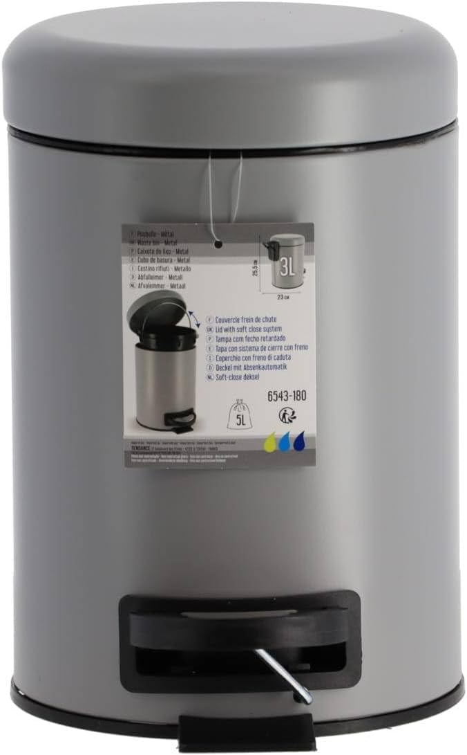 Papelera Con Tapa 3L - (Gris) De Metal
