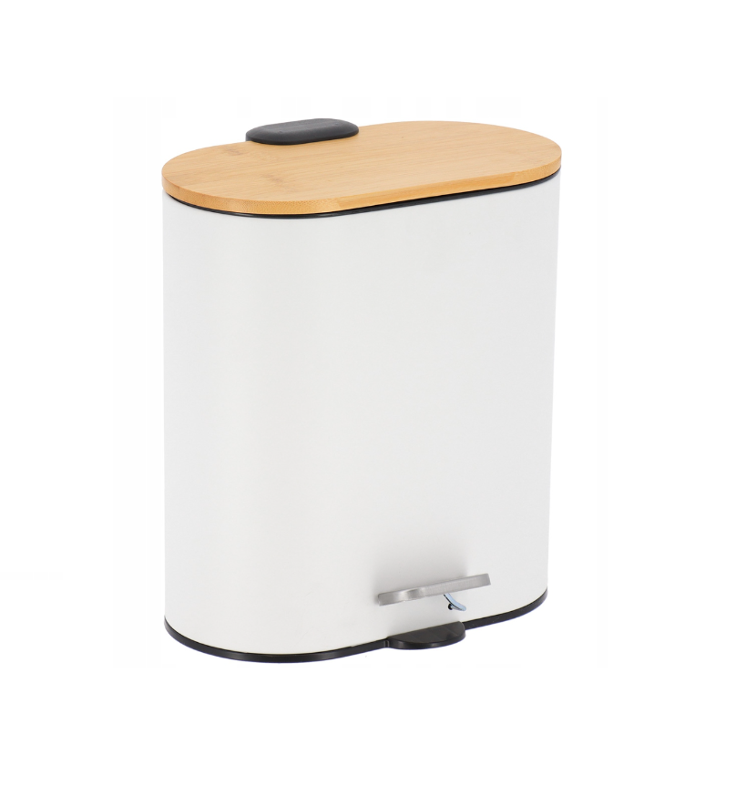 Papelera Ovalada (Blanca) Tapa Bambú, 5Ltrs De Metal