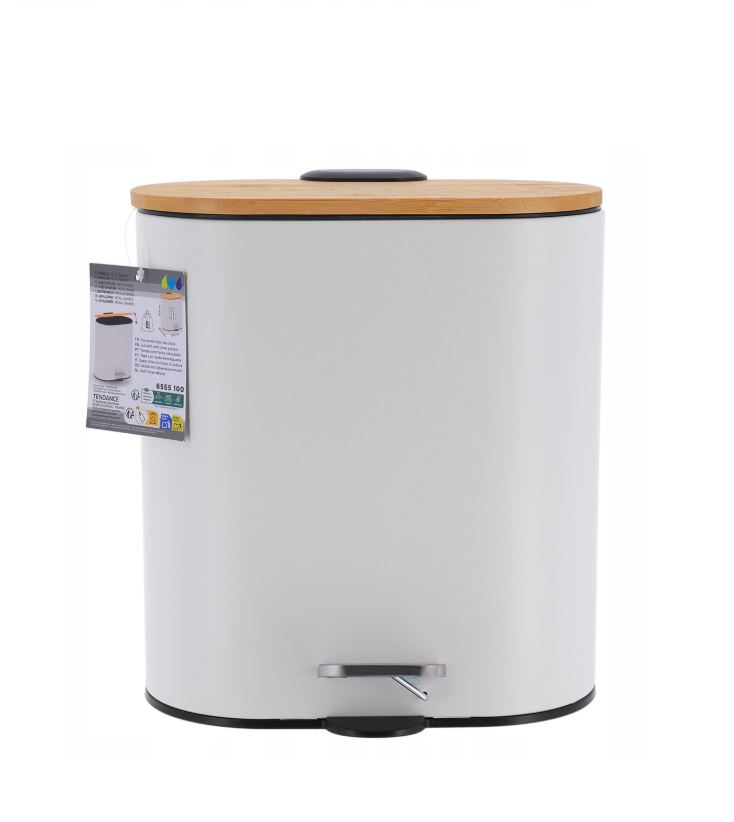 Papelera Ovalada (Blanca) Tapa Bambú, 5Ltrs De Metal