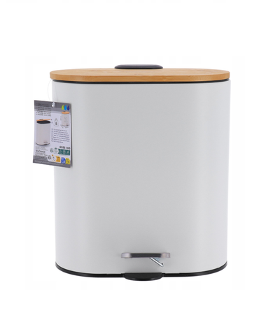 Papelera Ovalada (Blanca) Tapa Bambú, 5Ltrs De Metal